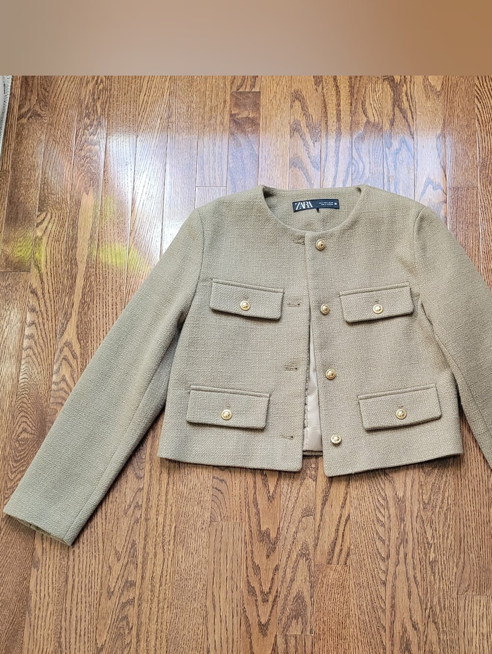Zara Cropped Olive Tweed Jacket with Gold Buttons